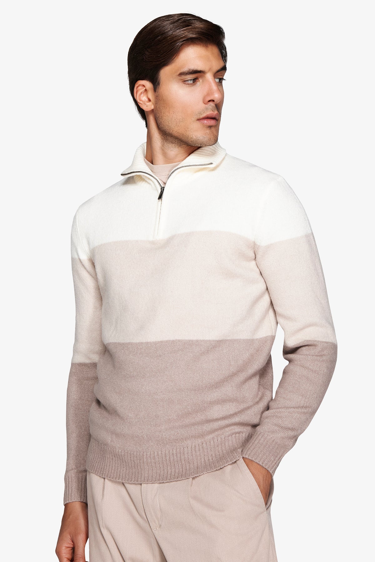 Maglia half zip color block panna